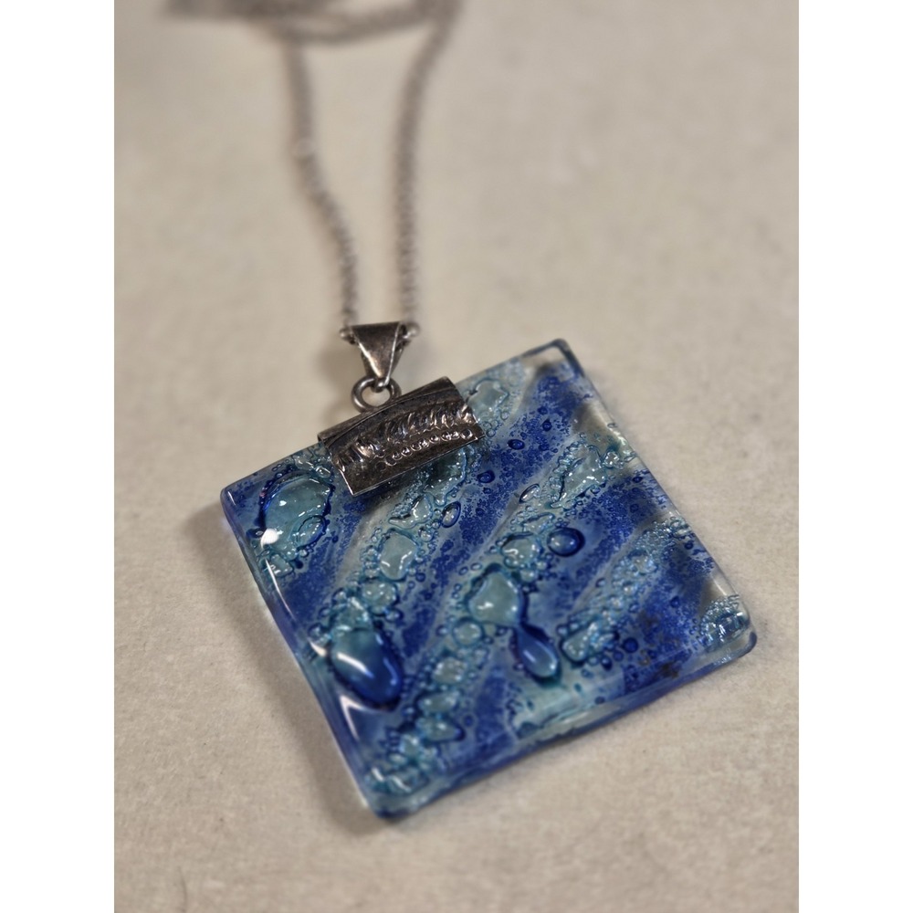 Handmade Fused Art Glass Pendant Necklace Blue Textured Sterling Silver 925...